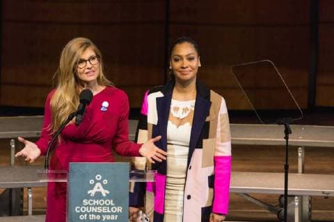 February 2, 2018 - Washington, DC, United States - (L-R): - Connie Britton (FOX series â€oe9-1-1â€Â), and La La Anthony (Starz series Power ), speak at the 2018 School Counselor of the Year awards ceremony, at the John F. Kennedy Center for the Performing Arts in Washington, D.C., on Friday, Feb. 2, 2018. ( ) Washington United States - ZUMAn230 20180202_zaa_n230_332 Copyright: xCherissxMayx