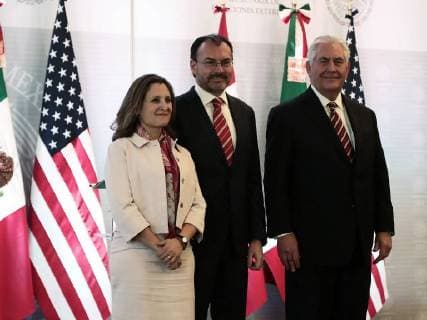 February 2, 2018 - EUM20180202POL01.JPG.CIUDAD DE MEXICO Eu-Mexico-Rex Tillerson.- El canciller, Luis Videgaray; el secretario de Estado de los Estados Unidos Americanos, Rex Tillerson, y la ministra de Asuntos Exteriores de Canada, Chrystia Freeland, durante el mensaje a medios de comunicacion en el edificio sede de la Cancilleria en el Centro Historico de la Ciudad de Mexico, 2 de febrero de 2018. Foto: Agencia EL UNIVERSALAlejandro AcostaMAVC  - ZUMAu78_ 20180202_zaf_u78_029 Copyright: xElxUniversalx