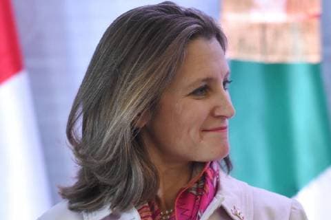 Treffen der nordamerikanischen Außenminister in Mexico City February 2, 2018 - Mexico City, Mexico, Mexico - Minister of Foreign Affairs of Canada Chrystia Freeland is seen speaking during a press conference of North American Foreign Ministers Meeting at Foreign Affair on February 02, 2018 in Mexico City, Mexico Mexico City Mexico  - ZUMAn230 20180202_zaa_n230_514 Copyright: xCarlosxTischlerx