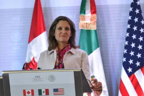 Treffen der nordamerikanischen Außenminister in Mexico City February 2, 2018 - Mexico City, Mexico, Mexico - Minister of Foreign Affairs of Canada Chrystia Freeland is seen speaking during a press conference of North American Foreign Ministers Meeting at Foreign Affair on February 02, 2018 in Mexico City, Mexico Mexico City Mexico  - ZUMAn230 20180202_zaa_n230_517 Copyright: xCarlosxTischlerx