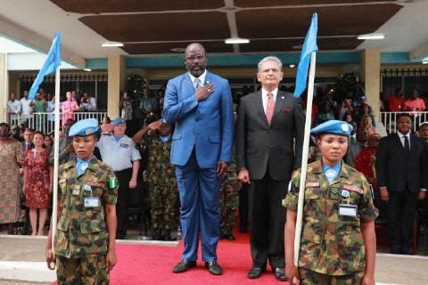 (180207) -- MONROVIA, Feb. 7, 2018 -- Liberian President George Weah (L, center) attends the sent-forth event for the multinational troops in Monrovia, Liberia, on Feb. 5, 2018. Weah said the multinational troops who took part in the United Nations peacekeeping mission in Liberia will forever be remembered for their bravery and sacrifice. Speaking at the sent-forth for the troops in Monrovia on Monday, Weah particularly thanked the Chinese troops for being highly professional and well-disciplined, hailing them for their memorable sacrifice, although their peacekeeping mission in Liberia had come to an end. China and a few other countries including Nigeria and Pakistan remained on the peacekeeping mission till the very end. The peacekeeping mission will formally withdraw on March 30. ) (jmmn) LIBERIA-MONROVIA-PEACEKEEPING-SENT-FORTH E 