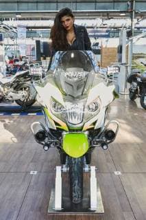 Model Shirin Jacob with a police BMW press day to the coming Berlin motorcycle days BMT from 09 11 February 2018 at the station Berlin 08 02 2018 Berlin motorcycle days BMT