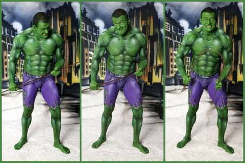 GEEK ART Bodypainting meets SciFi fantasy and more Hulk vs Iron Quinn photoshoot with model Fred as a Hulk in a comic backdrop in the Photo Studio of Schubert Niedernwöhren 13 02 2018 a project of photographer Tschiponnique skupin and the Bodypainters and Transformakers Enrico flax Foto:xT.xSkupin,xB.xSchubertx xFuturexImage
