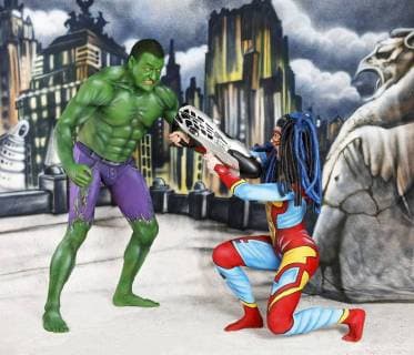 GEEK ART Bodypainting meets SciFi fantasy and more Hulk vs Iron Quinn photo shooting with the models of Fred and Sarah as a Hulk and iron Quinn in a comic backdrop in the Photo Studio of Schubert Niedernwöhren 13 02 2018 a project of photographer Tschiponnique skupin and the Bodypainters and Transformakers Enrico flax Foto:xT.xSkupin,xB.xSchubertx xFuturexImage