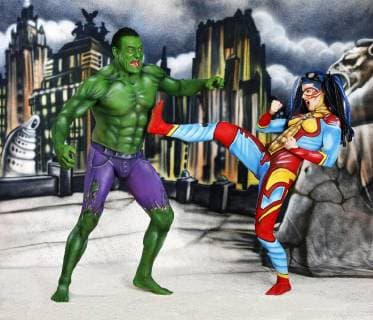 GEEK ART Bodypainting meets SciFi fantasy and more Hulk vs Iron Quinn photo shooting with the models of Fred and Sarah as a Hulk and iron Quinn in a comic backdrop in the Photo Studio of Schubert Niedernwöhren 13 02 2018 a project of photographer Tschiponnique skupin and the Bodypainters and Transformakers Enrico flax Foto:xT.xSkupin,xB.xSchubertx xFuturexImage