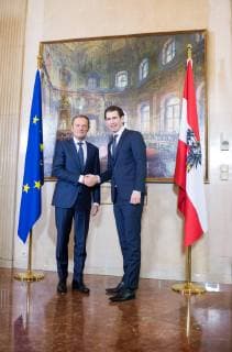 Wien 13.02.2018, Bundeskanzleramt, Wien, AUT, Staatsbesuch, Oesterreichischer Bundeskanzler empfängt den Praesidenten des Europäischen Rates zu einem Arbeitsgespräch, im Bild Bundeskanzler Sebastian Kurz (OeVP) und EU-RatsPraesident Donald Tusk Austrian Federal Chancellor Sebastian Kurz and President of the European Council Donald Tusk on occasion of an work-visit at federal chancellors office in Vienna, Austria on 2018 02 13, *** Vienna 13 02 2018 Bundeskanzleramt Wien AUT State visiting Austrian Federal Chancellor receives the President of the European Council to a meeting in the Chancellor Sebastian Kurz ÖVP and EU RatsPraesident Donald Tusk Austrian Federal Chancellor Sebastian Kurz and President of the European Council Donald Tusk on occasion of at work visit at federal chancellors office in Vienna Austria on 2018 02 13 Copyright: xEIBNER EXPA MichaelxGruberx EX_GRU
