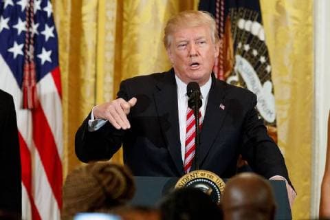 (180214) -- WASHINGTON, Feb. 14, 2018 -- U.S. President Donald Trump speaks during a National African American History Month reception at the White House in Washington D.C., the United States, Feb. 13, 2018. ) (gj) U.S.-WASHINGTON-DONALD TRUMP TingxShen 