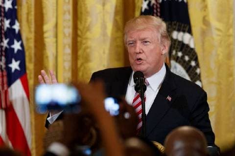 (180214) -- WASHINGTON, Feb. 14, 2018 -- U.S. President Donald Trump speaks during a National African American History Month reception at the White House in Washington D.C., the United States, Feb. 13, 2018. ) (gj) U.S.-WASHINGTON-DONALD TRUMP TingxShen 