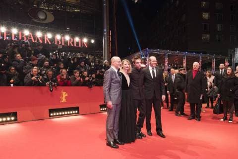 Actor Robert Pattinson with actress Mia Wasikowska and the Refisseuren David and Nathan Zellner during the premiere of the movie DAMSEL on the occasion of the 68 International Film Festival Berlin 68 Berlin International Film Festival