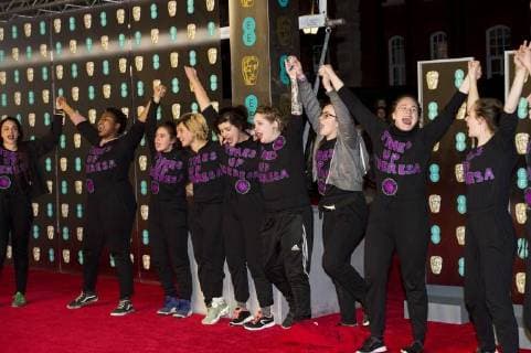 February 18, 2018 - London, London, UK - Times Up protesters on the red carpet for the EE British Academy Film Awards 2018, held at the Royal Albert Hall. London UK  - ZUMAt138 20180218_zap_t138_129 Copyright: xRayxTangx