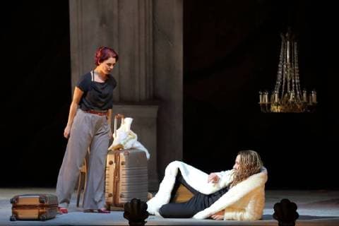 Debra Stanley as Donna Elvira and Christian Henneberg as Don Giovanni during the photo sample to Don Giovanni at the Staatstheater Cottbus premiere is on 24 February 2018 Dramma giocoso in two acts by Wolfgang Amadeus Mozart musical director Evan Alexis Christian Director Martin Students stage Gundula Martin costumes Susanne Suhr Staatstheater Cottbus Don Giovanni
