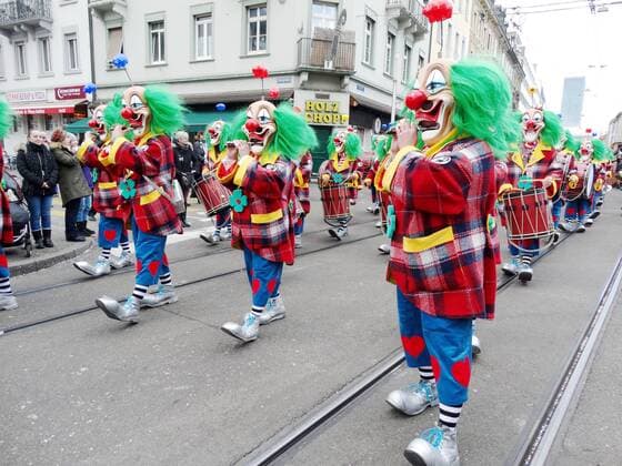 21 02 2018 Basel Fasnacht street carnival Image shows group Guggenmusik Tradition Customs