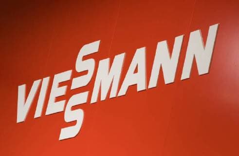 Illustration picture shows Viessmann logo and stand during the opening of the 2018 edition of Batibouw, the annual building, renovation and decoration exhibition in Brussels Expo in Brussels, Thursday 22 February 2018. Batibouw 2018 runs from February 22nd to March 4th.  BENOITxDOPPAGNE 05300935