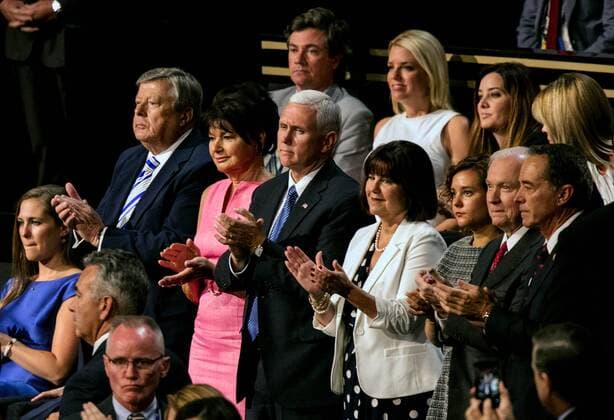 July 21, 2016 - Cleveland, Ohio, U.S - Cleveland Ohio, USA, 21th July, 2016.The Pence family at the Republican National Convention .(L-R) Viktor Knavs his wife Amalija Knaus VIce PResidential candidate Mike Pence his wife Karen Pence daughter Charlotte Pence and Senator Jeff Sessions Cleveland U.S. - ZUMAr142 20160721_zap_r142_338 Copyright: xMarkxReinsteinx