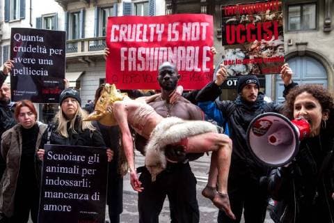 Bilder des Tages February 24, 2018 - Milan, Italy - Animal-rights activists protest during the Milan Fashion Week against the use of fur coats in the fashion industry in Milan, Italy, on 24 February 2018. Milan Italy  - ZUMAn230 20180224_zaa_n230_098 Copyright: xMairoxCinquettix