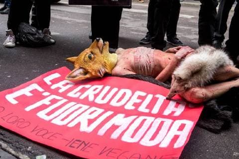 February 24, 2018 - Milan, Italy - Animal-rights activists protest during the Milan Fashion Week against the use of fur coats in the fashion industry in Milan, Italy, on 24 February 2018. Milan Italy  - ZUMAn230 20180224_zaa_n230_102 Copyright: xMairoxCinquettix