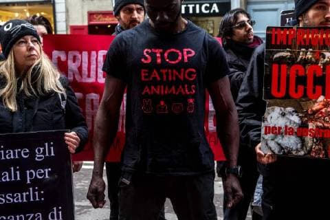 February 24, 2018 - Milan, Italy - Animal-rights activists protest during the Milan Fashion Week against the use of fur coats in the fashion industry in Milan, Italy, on 24 February 2018. Milan Italy  - ZUMAn230 20180224_zaa_n230_103 Copyright: xMairoxCinquettix