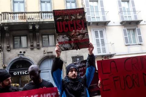February 24, 2018 - Milan, Italy - Animal-rights activists protest during the Milan Fashion Week against the use of fur coats in the fashion industry in Milan, Italy, on 24 February 2018. Milan Italy  - ZUMAn230 20180224_zaa_n230_105 Copyright: xMairoxCinquettix