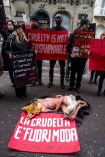 February 24, 2018 - Milan, Italy - Animal-rights activists protest during the Milan Fashion Week against the use of fur coats in the fashion industry in Milan, Italy, on 24 February 2018. Milan Italy  - ZUMAn230 20180224_zaa_n230_107 Copyright: xMairoxCinquettix
