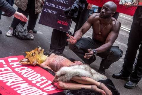 February 24, 2018 - Milan, Italy - Animal-rights activists protest during the Milan Fashion Week against the use of fur coats in the fashion industry in Milan, Italy, on 24 February 2018. Milan Italy  - ZUMAn230 20180224_zaa_n230_108 Copyright: xMairoxCinquettix