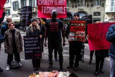 February 24, 2018 - Milan, Italy - Animal-rights activists protest during the Milan Fashion Week against the use of fur coats in the fashion industry in Milan, Italy, on 24 February 2018. Milan Italy  - ZUMAn230 20180224_zaa_n230_113 Copyright: xMairoxCinquettix