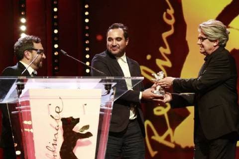 Alonso Ruizpalacios L and Manuel Alcala receive the Silver Bear by jury member Chema Prado on the stage for the 68 Berlinale on 24 02 2018 in Berlin at the Berlinale Palast Alonso Ruizpalacios L and Manuel Alcala receive the Silver Bear by jury member Chema Prado on stage to the award ceremony of the 68 Berlinale on 24 02 2018 in Berlin in the Berlinale Palast