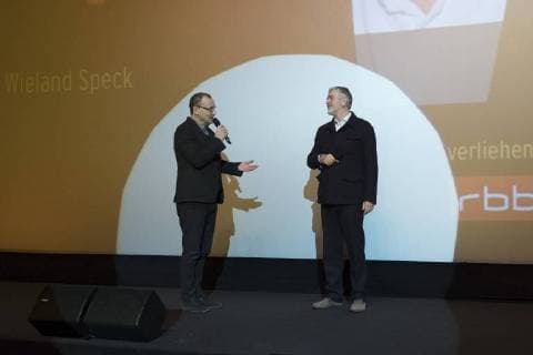 Presenter Knut Elstermann and Wieland Speck during the presentation of the Panorama Audience Award on the occasion of the 68th Berlin International Film Festival 68 Berlin International Film Festival