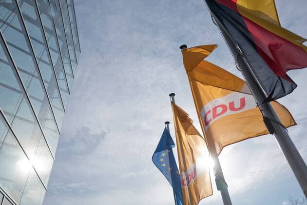 27 02 2018 Berlin GER Konrad Adenauer House CDU Logo on Flags Berlin Germany Konrad Adenauer Haus