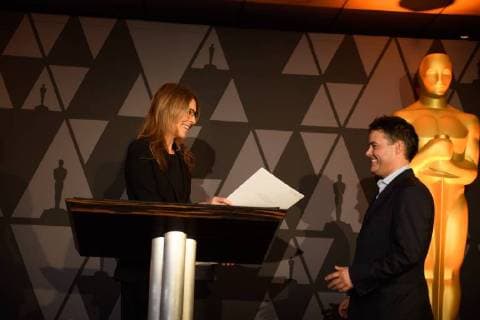 March 2, 2018 - Beverly Hills, California, U.S. - Kathryn Bigelow presents the certificate of nomination to Sebastian Lelio, director of the Oscar nominated foreign film A Fantastic Woman (Chile), at the reception for the Foreign Language Film Award category for the 90th Oscars on Friday. Beverly Hills U.S. - ZUMAz03_ 20180302_shf_z03_219 Copyright: xKatexNoellex