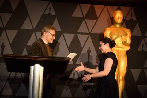 March 2, 2018 - Beverly Hills, California, U.S. - Oscar winner CHRISTOPH WALTZ presents the certificate of nomination to Ildiko Enyedi director of the Oscar nominated foreign film On Body and Soul (Hungary), at the reception for the Foreign Language Film Award category for the 90th Oscars on Friday. Beverly Hills U.S. - ZUMAz03_ 20180302_shf_z03_225 Copyright: xKatexNoellex