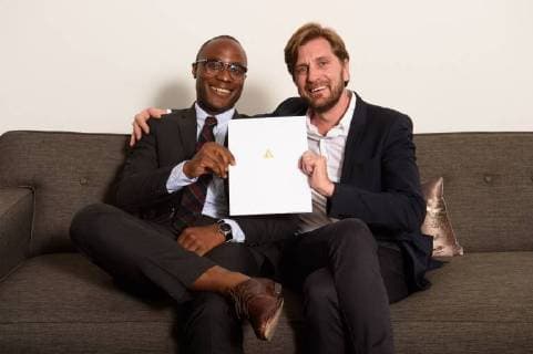 March 2, 2018 - Beverly Hills, California, U.S. - Presenter BARRY JENKINS with RUBEN OSTLUND, director of the Oscar nominated foreign film The Square (Sweden), at the reception for the Foreign Language Film Award category for the 90th Oscars on Friday. Beverly Hills U.S. - ZUMAz03_ 20180302_shf_z03_202 Copyright: xPhilxMcCartenx