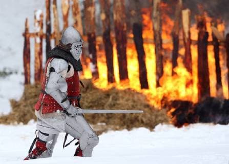 Battle of Samobor and Medieval Fair 04.03.2018., Samobor, Croatia - In the meadow Vugrinscak below the old town of Samobor, was held a reconstruction of a Battle of Samobor which held on March 1, 1441 between the army of Queen Elizabeth I (wife of a dead Albrecht of Habsburg) and the Polish king Wladyslaw III of Poland for the hungarian-croatian throne. Every year about 100 knights and archers dressed in 15th century replicas of armor and chain mail participate in the event.  IgorxKralj PIXSELL