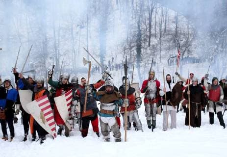 Battle of Samobor and Medieval Fair 04.03.2018., Samobor, Croatia - In the meadow Vugrinscak below the old town of Samobor, was held a reconstruction of a Battle of Samobor which held on March 1, 1441 between the army of Queen Elizabeth I (wife of a dead Albrecht of Habsburg) and the Polish king Wladyslaw III of Poland for the hungarian-croatian throne. Every year about 100 knights and archers dressed in 15th century replicas of armor and chain mail participate in the event.  IgorxKralj PIXSELL
