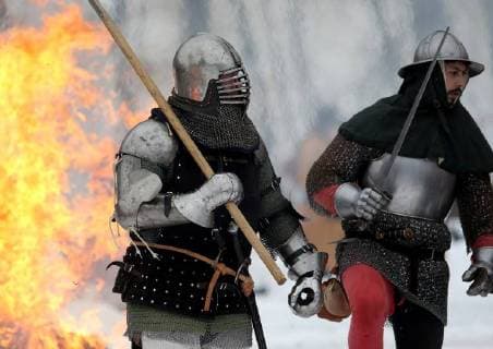 Battle of Samobor and Medieval Fair 04.03.2018., Samobor, Croatia - In the meadow Vugrinscak below the old town of Samobor, was held a reconstruction of a Battle of Samobor which held on March 1, 1441 between the army of Queen Elizabeth I (wife of a dead Albrecht of Habsburg) and the Polish king Wladyslaw III of Poland for the hungarian-croatian throne. Every year about 100 knights and archers dressed in 15th century replicas of armor and chain mail participate in the event.  IgorxKralj PIXSELL