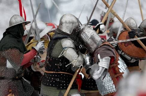 Battle of Samobor and Medieval Fair 04.03.2018., Samobor, Croatia - In the meadow Vugrinscak below the old town of Samobor, was held a reconstruction of a Battle of Samobor which held on March 1, 1441 between the army of Queen Elizabeth I (wife of a dead Albrecht of Habsburg) and the Polish king Wladyslaw III of Poland for the hungarian-croatian throne. Every year about 100 knights and archers dressed in 15th century replicas of armor and chain mail participate in the event.  IgorxKralj PIXSELL