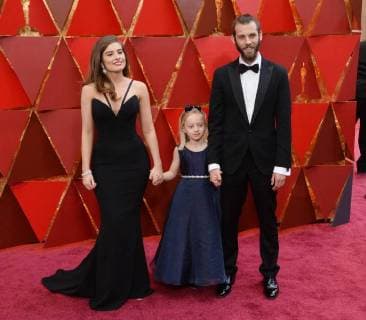 Writer Rachel Shenton (L), Maisie Sly and director Chris Overton arrive on the red carpet for the 90th annual Academy Awards at the Dolby Theatre in the Hollywood section of Los Angeles on March 4, 2018.  LAP20180304818 JIMxRUYMEN