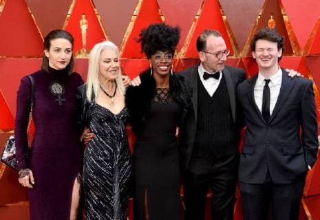 (L-R) Kate Davis, Breaion King and David Heilbroner and cast members arrive on the red carpet for the 90th annual Academy Awards at the Dolby Theatre in the Hollywood section of Los Angeles on March 4, 2018.  LAP201803041059 JIMxRUYMEN