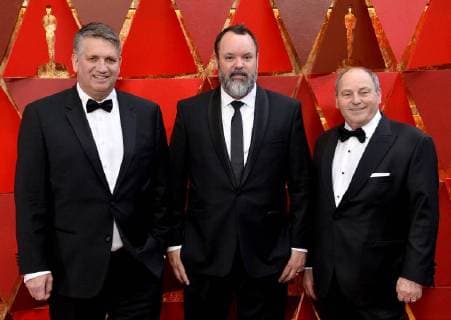 L-R) Christian Cooke, Brad Zoern, and Glen Gauthier arrive on the red carpet for the 90th annual Academy Awards at the Dolby Theatre in the Hollywood section of Los Angeles on March 4, 2018.  LAP20180304542 JIMxRUYMEN