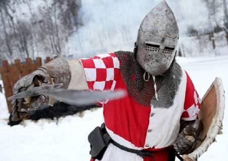 (180304) -- SAMOBOR (CROATIA), March 4, 2018 -- An actor re-enacts a medieval battle in Samobor, Croatia, on March 4, 2018. The Battle of Samobor took place on March 1, 1441 for the Hungarian-Croatian throne. ) CROATIA-SAMOBOR-BATTLE OF SAMOBOR-RE-ENACTMENT IgorxKralj 