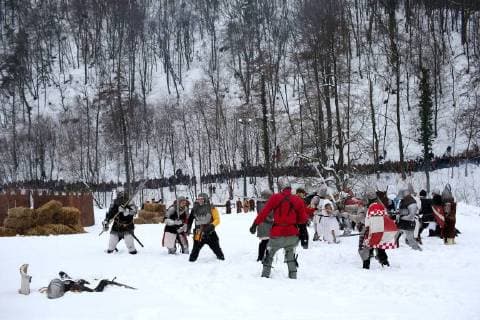 (180304) -- SAMOBOR (CROATIA), March 4, 2018 -- Actors re-enact a medieval battle in Samobor, Croatia, on March 4, 2018. The Battle of Samobor took place on March 1, 1441 for the Hungarian-Croatian throne. ) CROATIA-SAMOBOR-BATTLE OF SAMOBOR-RE-ENACTMENT IgorxKralj 