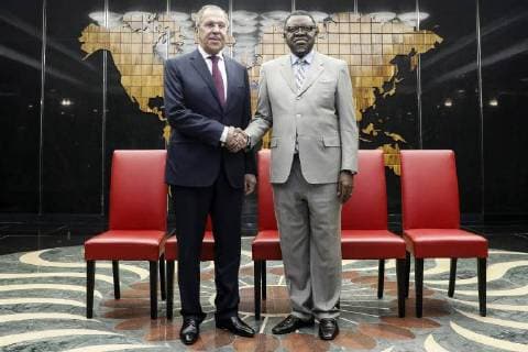 WINDHOEK, NAMIBIA - MARCH 5, 2018: Russia s Foreign Minister Sergei Lavrov (L) and Namibia s President Hage Geingob shake hands during a meeting. Alexander Shcherbak TASS  TS076CA9