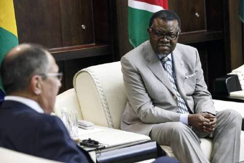 WINDHOEK, NAMIBIA - MARCH 5, 2018: Russia s Foreign Minister Sergei Lavrov (L) and Namibia s President Hage Geingob during a meeting. Alexander Shcherbak TASS  TS076CB5