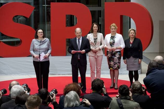 Germany Berlin SPD Headquarters Willy Brandt Haus Presentation of Cabinet Ministers Merkel 4 Andrea Nahles Olaf Scholz Katarina Barley Franziska Giffey Svenja Schulze 09 03 2018