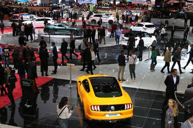 View of the Ford stand with the Ford Mustang GT in the foreground Trade fair impressions 88 International Motor Show Geneva CH 2018 08 18 03 2018 Geneva International Motor Show Motor Show Car Fair Palexpo Genève Switzerland Press Day 06 03 2018
