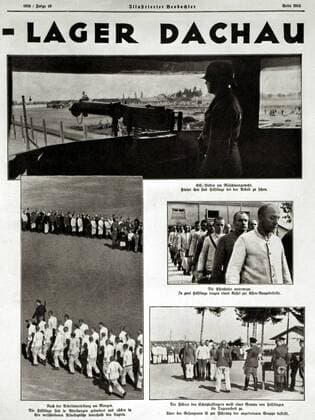 Concentration camp Dachau prisoners stand in line and an SS guard is in the tower Bildgeschichte im Illustrierte Observer Illustrated Observer The first such report in a German magazine Photos Friedrich Franz Bauer 1903 1972 Germany Date 3 December 1936