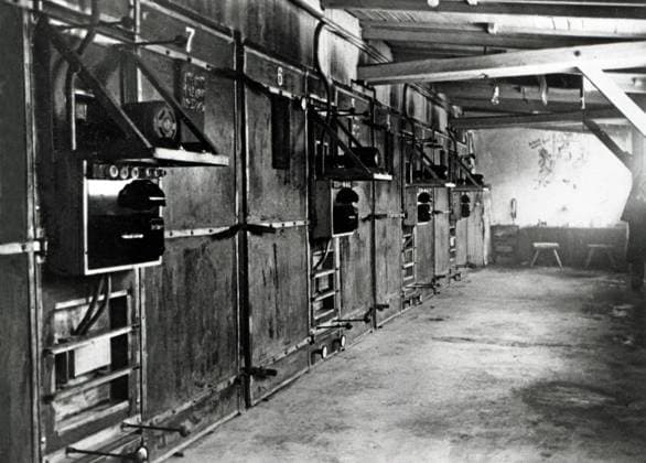 The furnace room A freight elevator brought the bodies from the gasification chamber of crematorium III in Birkenau concentration camp Auschwitz Poland date January 1945