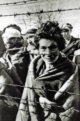 Ohrdruf Gotha Concentration Camp Auschwitz Concentration Camp Some of the survivors of Auschwitz I stand near the fence during the arrival of the Red Army Soviet Union soldiers in the First Army of the Ukrainian Front under the command of Marshal Koniev freed the camp Poland date 27 January 1945