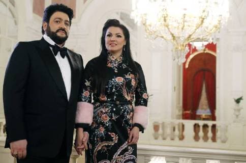 MOSCOW, RUSSIA â€“ MARCH 11, 2018: Azerbaijani tenor Yusif Eyvazov (L) and Russian soprano Anna Netrebko ahead of a ceremony to present BraVo international professional music awards at the Bolshoi Theatre. Artyom Geodakyan TASS  TS077446