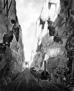 IMAGO History, Die Geburt des Eisenbahnverkehrs: 1802-1830 Excavation of Olive Mount, from Bury s Liverpool and Manchester Railway, 1831 Construction required the removal of 480,000 cubic yards of sandstone. The Liverpool and Manchester Railway (LMR) was the world s first twin-track inter-urban passenger railway in which all the trains were timetabled and ticketed. Trains were hauled by company steam locomotives between the two towns, though private waggons and carriages were allowed. The line opened on 15 September 1830 and ran between the towns of Liverpool and Manchester in North West England in the United Kingdom., Manchester Greater Manchester United Kingdom England Copyright: Topfoto  !ACHTUNG AUFNAHMEDATUM GESCHÄTZT! UnitedArchives1309484