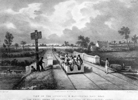 IMAGO History, Die Geburt des Eisenbahnverkehrs: 1802-1830 The point where the railway crosses The Duke of Bridgwater s Canal The Liverpool and Manchester Railway (LMR) was the world s first twin-track inter-urban passenger railway in which all the trains were timetabled and ticketed. Trains were hauled by company steam locomotives between the two towns, though private waggons and carriages were allowed. The line opened on 15 September 1830 and ran between the towns of Liverpool and Manchester in North West England in the United Kingdom., Manchester Greater Manchester United Kingdom England Copyright: Topfoto  !ACHTUNG AUFNAHMEDATUM GESCHÄTZT! UnitedArchives1309514